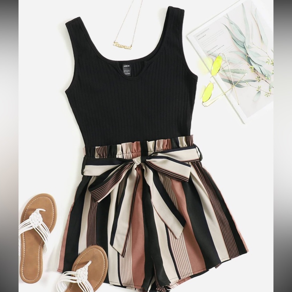 Notched Neck Block Stripe Belted Tank Romper